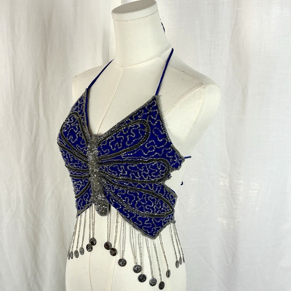 Vintage 80's Beaded Butterfly Halter Top Blue Festival Fairycore Y2K Size S/M
